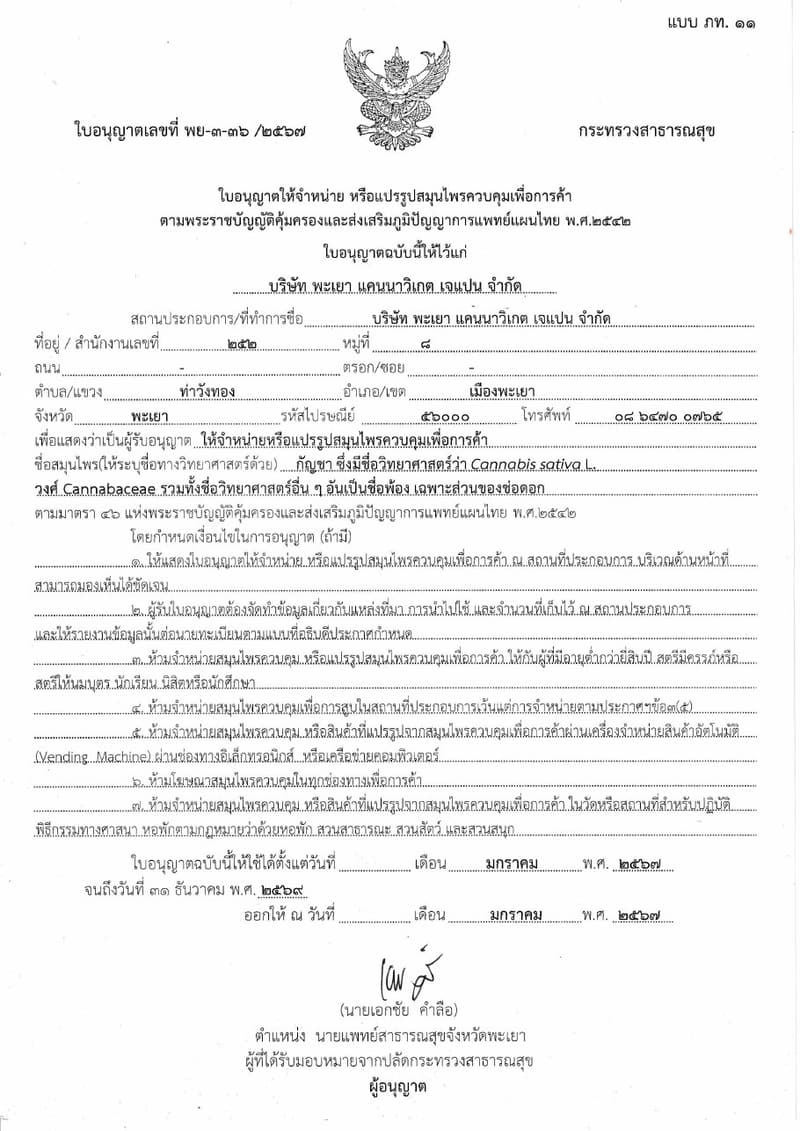 規制ハーブ（大麻・花穂）商業目的 販売・加工許可（タイ語版）